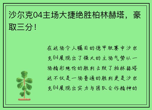 沙尔克04主场大捷绝胜柏林赫塔，豪取三分！